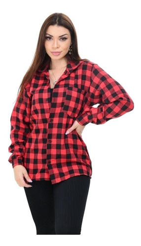 Camisa Feminina Flanela Xadrez Manga Longa Top