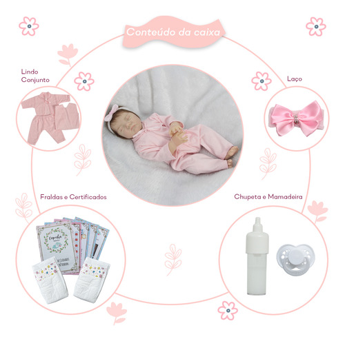 Boneca Reborn 100% Vinil Fio A Fio Pijama Rosa Kit Itens