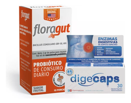 Digecaps Enzimas Digestivas X2 + Floragut Probiotico X2 Sin Sabor