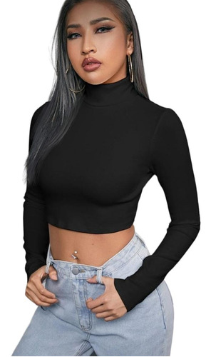 Polera Crop Top Manga Larga Cuello Beatle Mujer