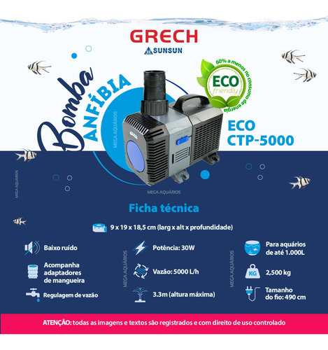 Bomba Submersa Sunsun Ctp 5000 Eco 5200 L/h Aquario Lago