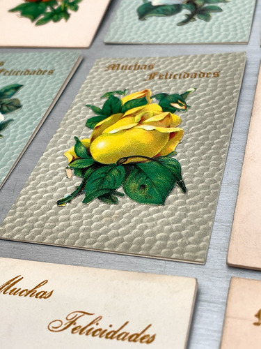 Antiguo Lote De Tarjetas Felicitaciones Con Flores En Cromo (Usado)