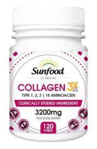Collagen 3x Tipo 1/2/3 18 Aminoácidos 2.000mg 120cap Sunfood Sabor Sem sabor