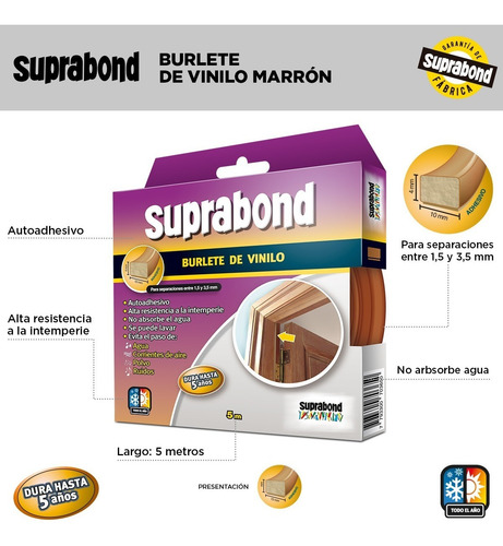 Imagen 2 de 6 de Burlete De Vinilo Autoadhesivo Suprabond 5 Metros Marrón