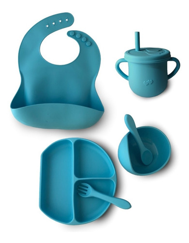 Set Silicona Bebé Babero+bowl+ Plato+ Cuchara+ Tenedor+ Vaso