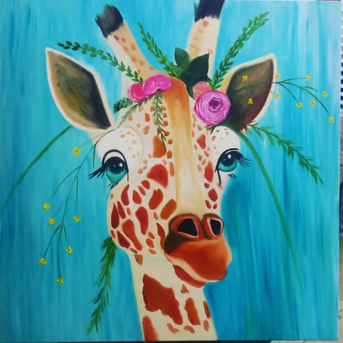 Quadro A Óleo Sobre Tela Pintado A Mão  Girafa  Esmeralda 