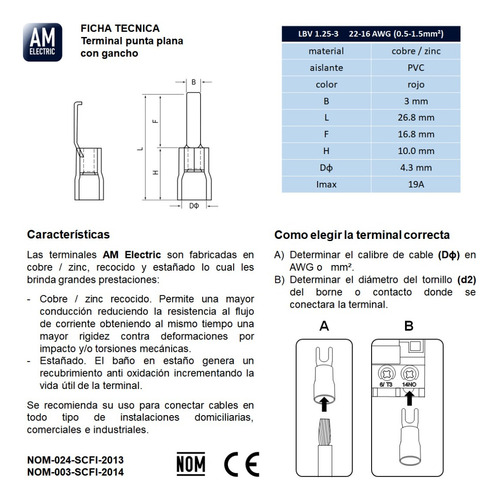 Terminal Punta Plana Con Gancho Cal 22-16 Awg 100 Pzs