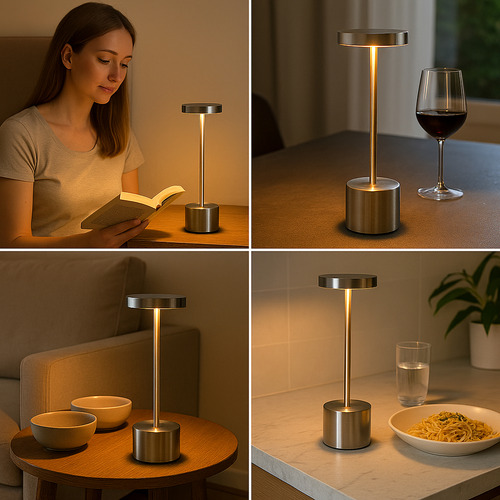 Lámpara Led Mesa Recargable Inalámbrica Plateada Metal