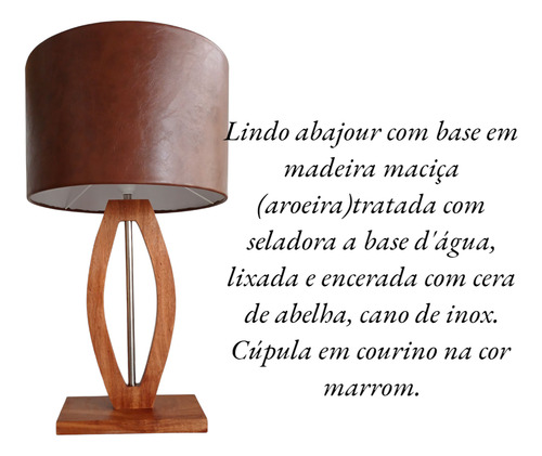Luminária De Mesa Eduarte Médio Courino 30x52 Cm Artesanal Madeira Natural Marrom