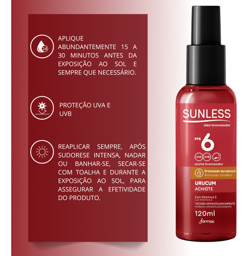 Óleo Bronzeador Fps 6 Sunless - Urucum 120 Ml