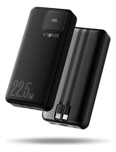 Power Bank Inova 20.000mAh Portátil Rápido c/ Cabos Integrados USB-C/iOS