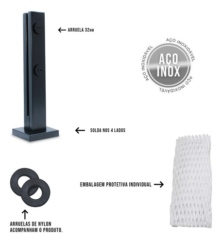 Kit 18 Coluna Torre Inox 30 Cm 2 Furos Preto Guarda Corpo