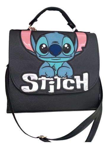 Bolso Stitch Negra Con Correa Y Doble Cierre.