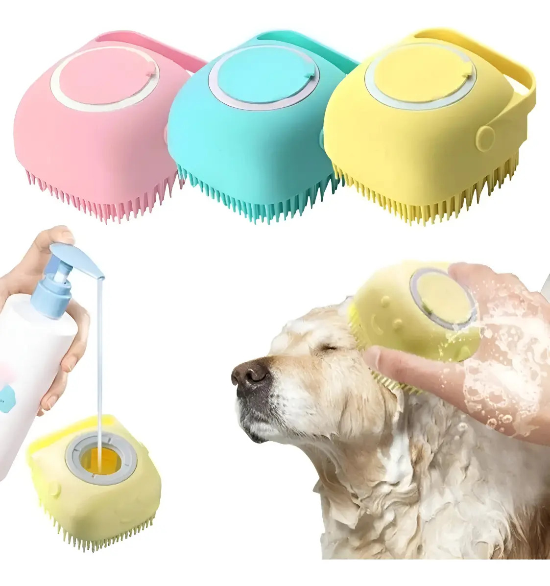 Cepillo Baño Mascotas Perro Gato Con Dispenser Shampoo Color Amarillo