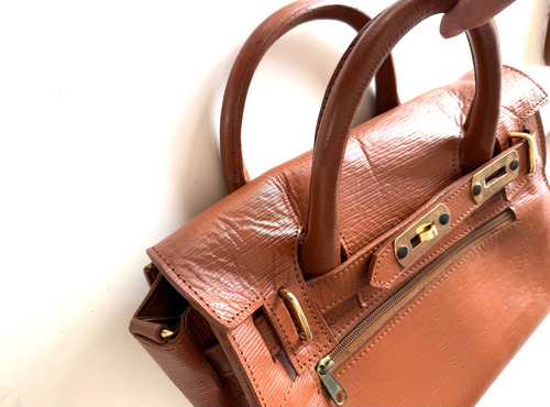 Bolso Satchel Cártera Doctor Bag Cuero Estilo Birkin Hermè Marrón Oscuro Lisa Oro Marrón (Usado)