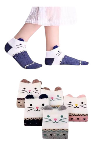 3 Pares De Calceta Tipo Tines Con Diseños De Gatito Variados Estampado Único