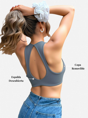 Top Deportivo Gym Ajustable Push Up Secado Rápido Azul Gris Lisa S