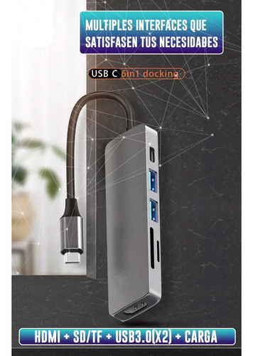 Hub Adaptador Usb-c 6 En 1 (hdmi,2x Usb 3.0, Tf, Sd, Usb-c)