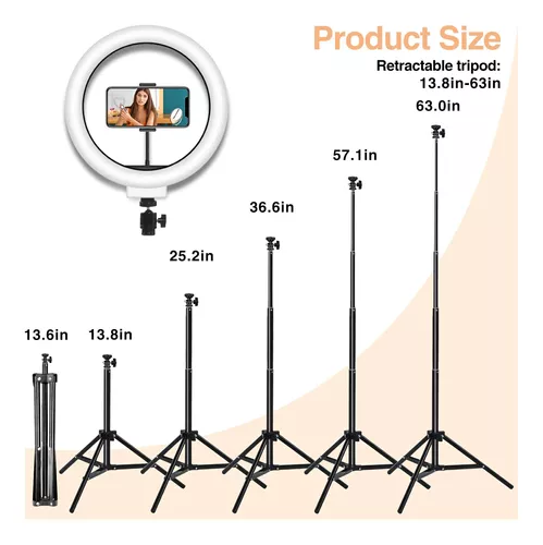  Anillo de luz para selfie de 12 pulgadas con trípode ajustable  de 63 pulgadas y soporte para teléfono, luz LED regulable con control  remoto, para transmisión en vivo/fotografía/maquillaje/video de ,  compatible