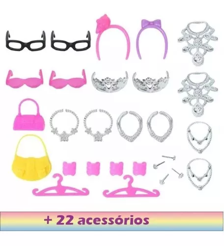 Roupa Boneca Para Barbier, Kit Com Roupas e Acessórios 42 Peças 8 vestidos  sortidos 10 pares de sapatos 4 óculos 8 colares 2 bolsas 2 cabides 2 tiaras