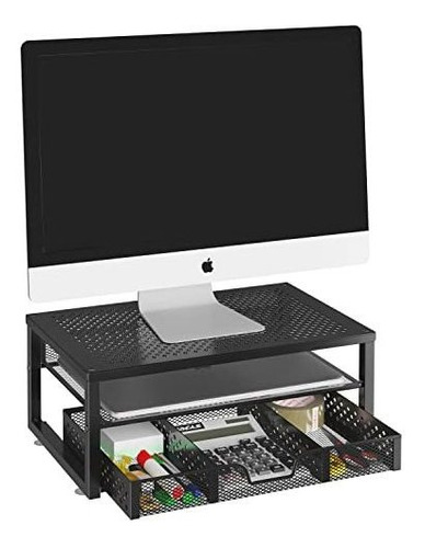 Soporte Monitor Metálico Con Cajón Para Laptop, iMac - Negro