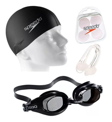 Kit de natación Speedo, gorra, protector nasal para adultos, color negro