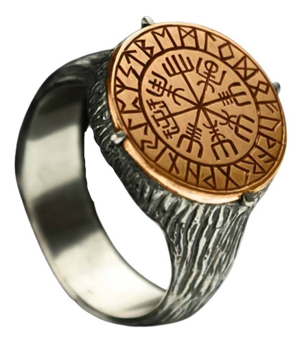 Anillo De Acero Vegvísir Rustico Vikingo Color Plata Hombre