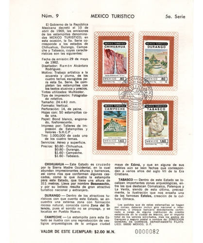 Estampilla Turismo Tabasco Chihuahua  Carnet Primer Día 1982