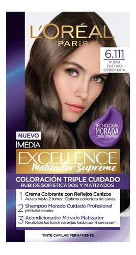 Tintura Excellence Rubio Oscuro Cenizo Plata 6.11 Pack X3