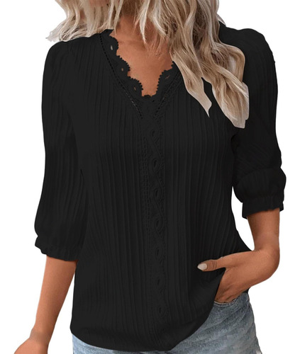 Camiseta Casual Feminina De Manga Comprida Com Decote Em V E