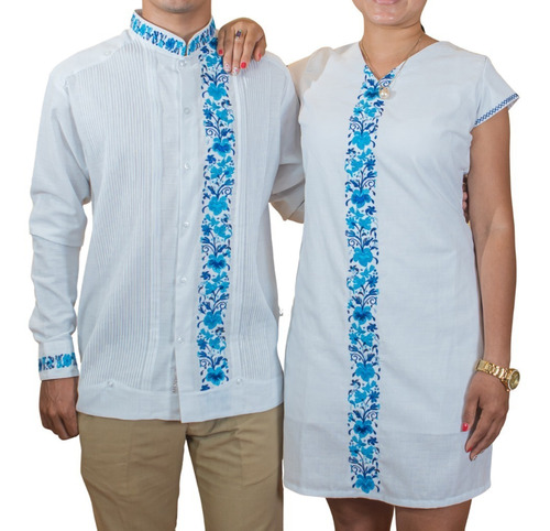 Duo Guayabera Y Vestido Mod Colibri Azul, Incluye Las 2 Pzas
