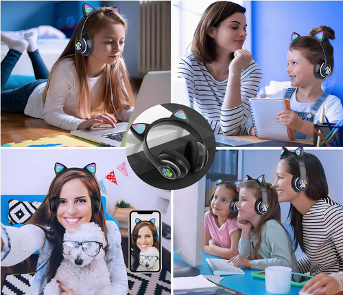 Auriculares Oreja Huella Gato Bluetooth Luz Rgb Niños Gatito Negro