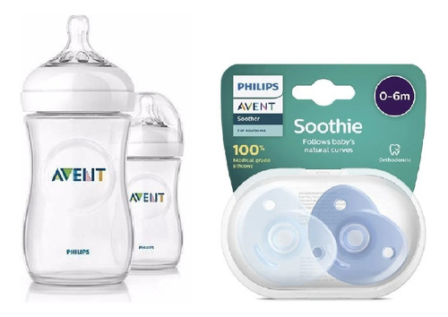 Set Mamaderas Avent 260ml 330ml 2 Chupetes Varon Blue Antic