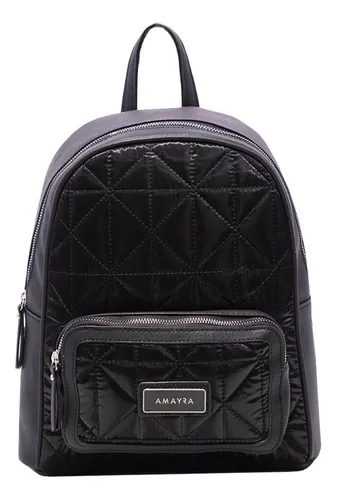 Mochila Amayra Mujer Cuero Sintetico Negra Cierre Bolsillo