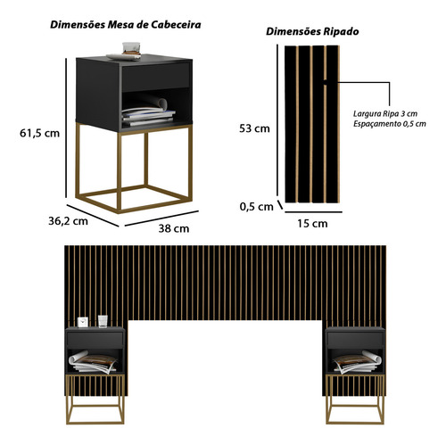 Cabeceira Ripada Casal Queen King Com 2 Mesas De Cab 1 Gavt Cor Preto | Preto/pé Dourado