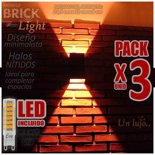 Aplique Pared Interior Superbrillante Lampara Led 6w Kit X3u Luz Intensa Bipin Living Comedor  Iluminación Bidireccional