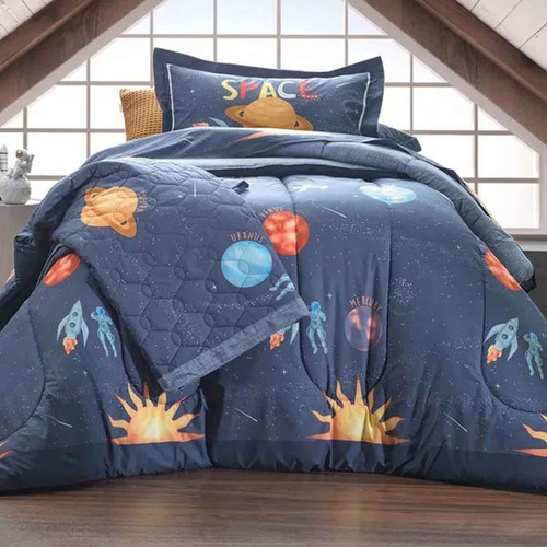 Kit Cobreleito Dupla Face Infantil Cama Casal Karsten Percal Cor Galáxia - Astronauta Azul