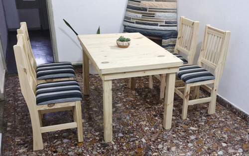 Mesa Comedor Madera Pino 1,20 X 80 + 4 Sillas Tapizadas. Gris