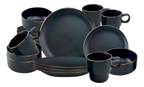 Juego De Vajilla Ceramica 16 Pzas Matte Amalfi Borde Dorado Color Negro Lisa