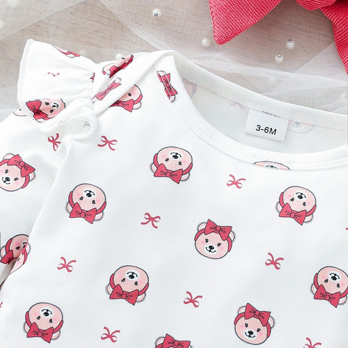 3 Pcs Conjunto Tierno Bebé Con Estampado De Osito Y Diadema Rosa 0-3 M
