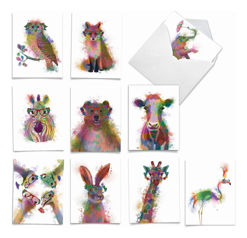 Funky Rainbow Wildlife, Caja De 10 Tarjetas De Notas De...