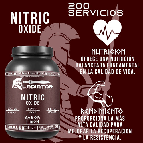 Óxido Nítrico Gladiator 1 Kg 200 Serv Varios Sabores Limón