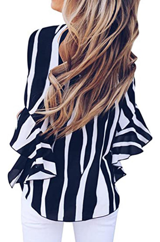 Blusa De Chifón A Rayas Con Cuello En V Y Estampado A La Mod