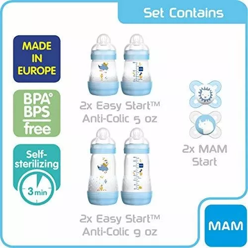 MAM Newborn Essentials Set «Feed & Soothe» (6 piezas), biberones  anticólicos Easy Start, chupete de 0 a 2 meses, regalos para baby shower,  blanco