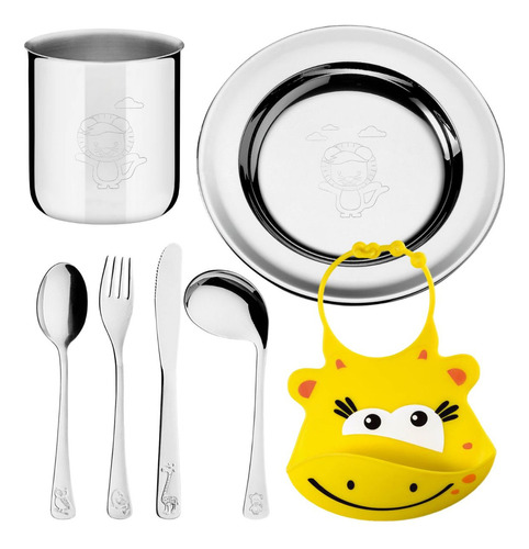 Kit de comida infantil Tramontina de acero inoxidable y babero de silicona, color amarillo