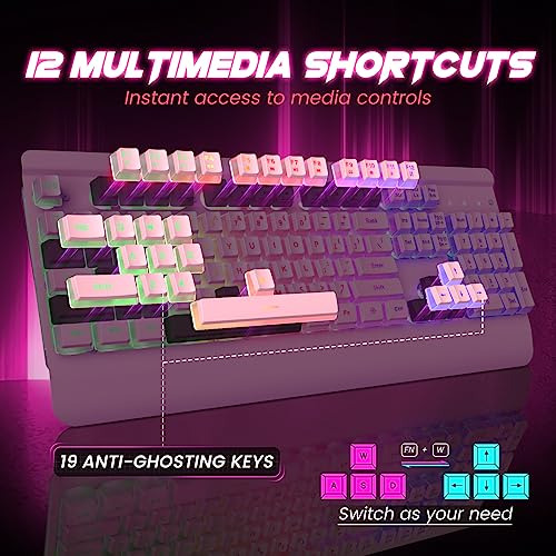 Pacote De Teclado Gamer Rosa Led, 104 Teclas, Anti-ghosting