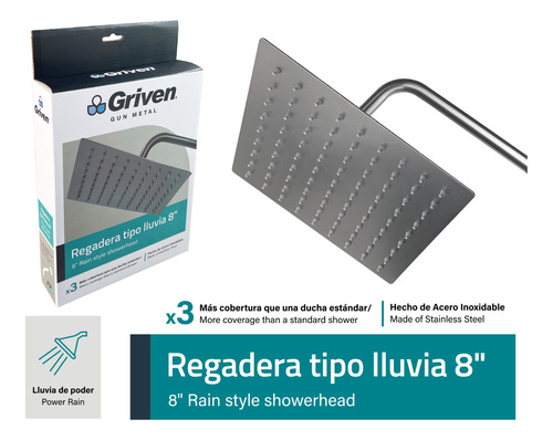 Ducha Regadera Cuadrada 8 Pul Acero Griven 