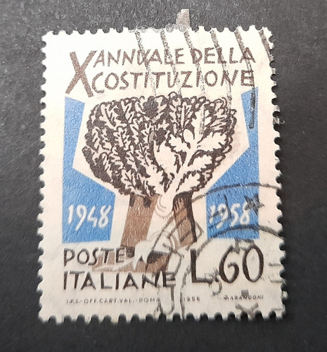 Sello Postal - Italia 10 Aniversario De La Constitución 1958