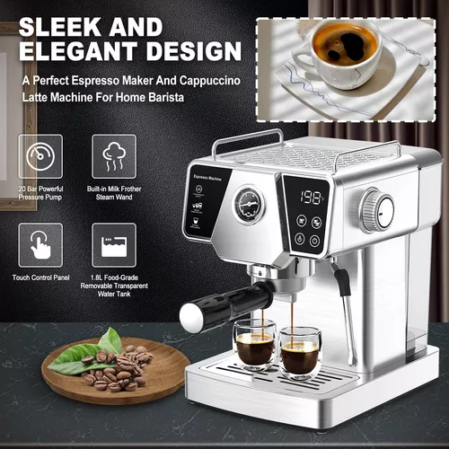  Máquina de café expreso a presión de 20 bares, cafetera de café  expreso individual y doble, cafetera de capuchino y café con leche con  espumador de leche, tanque de agua extraíble