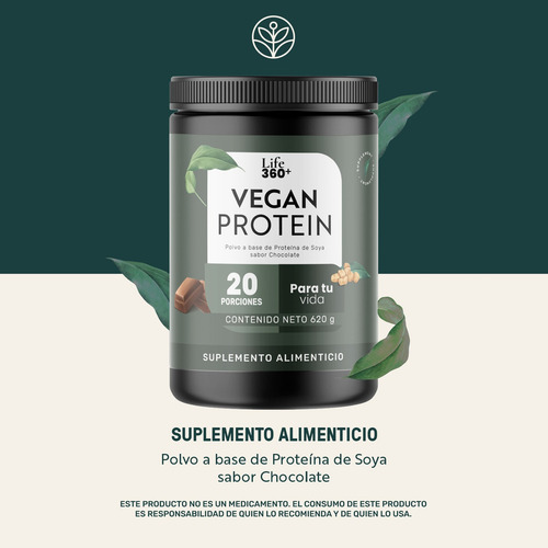 LIFE360+ vegan protein 620g polvo a base de proteínas de soya sabor chocolate